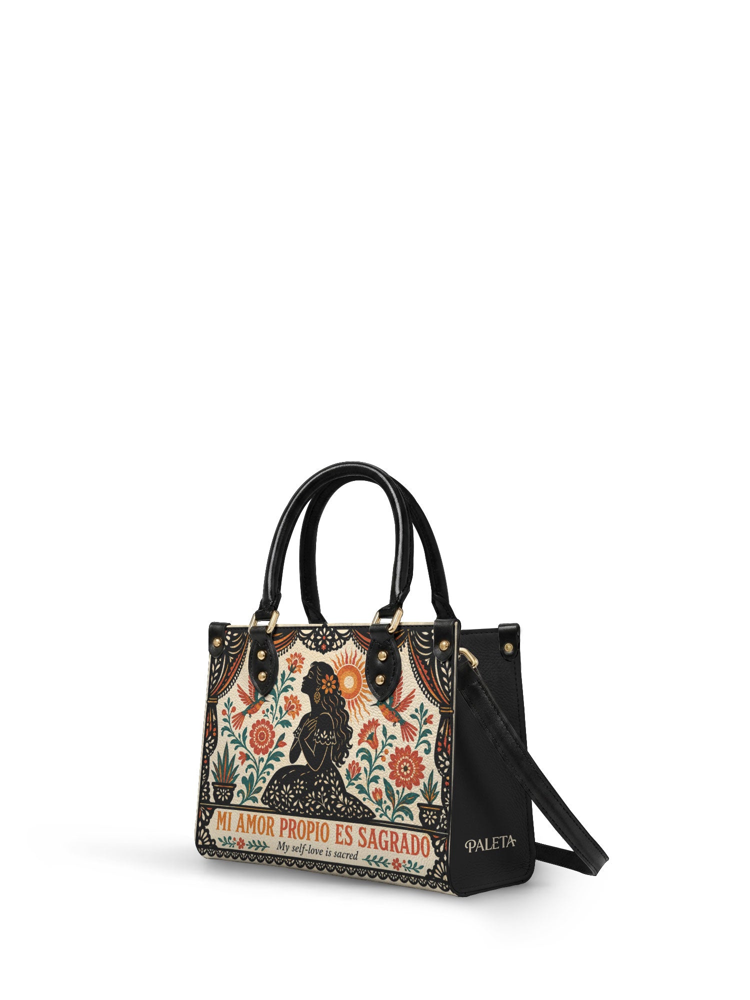 "Mi amor propio es sagrado" ver.5 Small Leather Handbag - side view | Paleta Bags