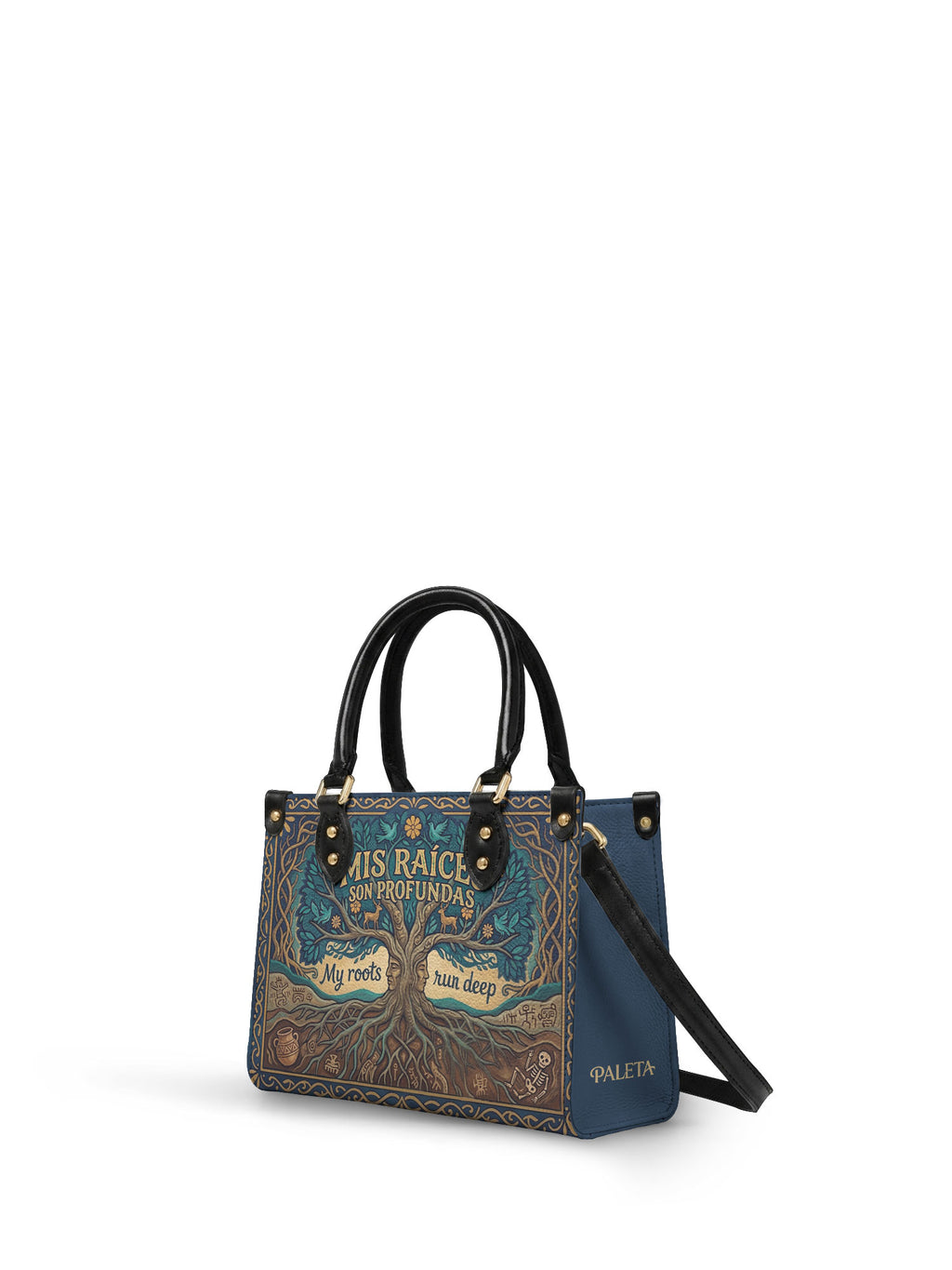 "Mis Raíces son Profundas" ver.1 Small Leather Handbag - side view | Paleta Bags