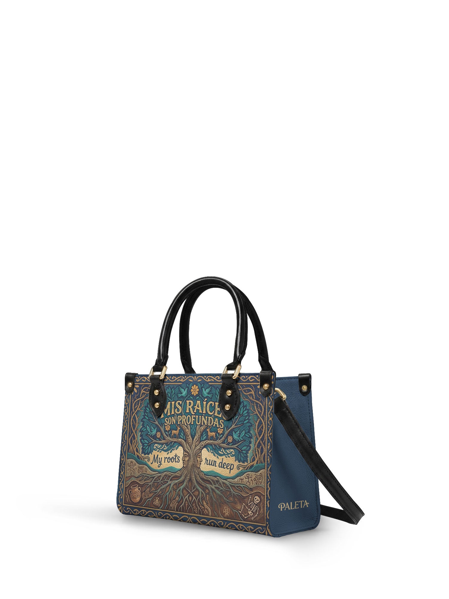 "Mis Raíces son Profundas" ver.1 Small Leather Handbag - side view | Paleta Bags