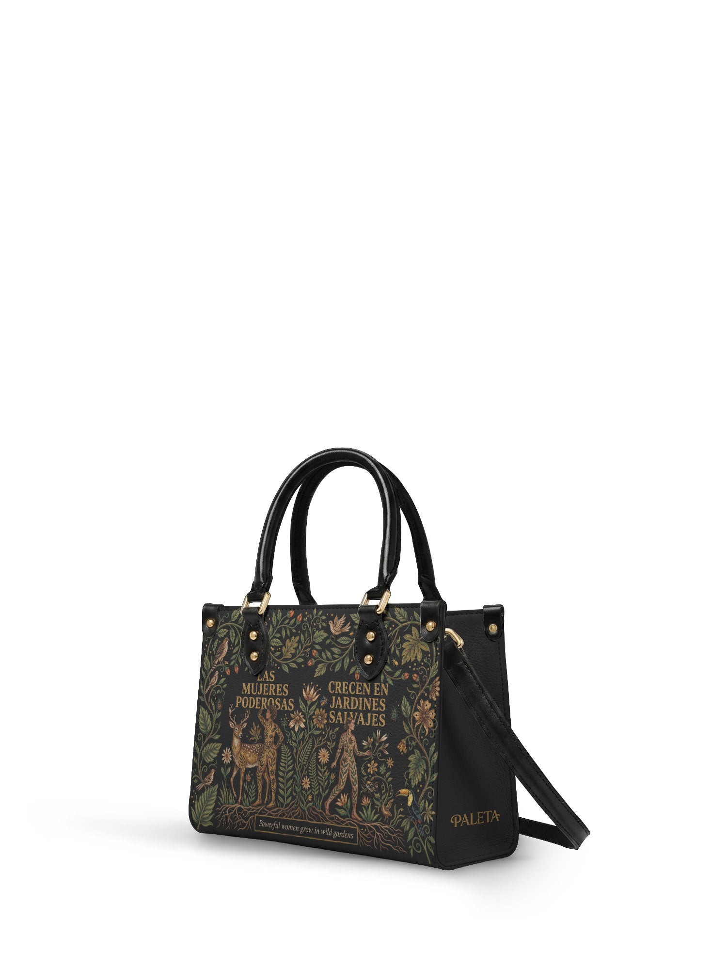 "Las mujeres poderosas crecen en jardines salvajes" ver.3 Small Leather Handbag - side view | Paleta Bags