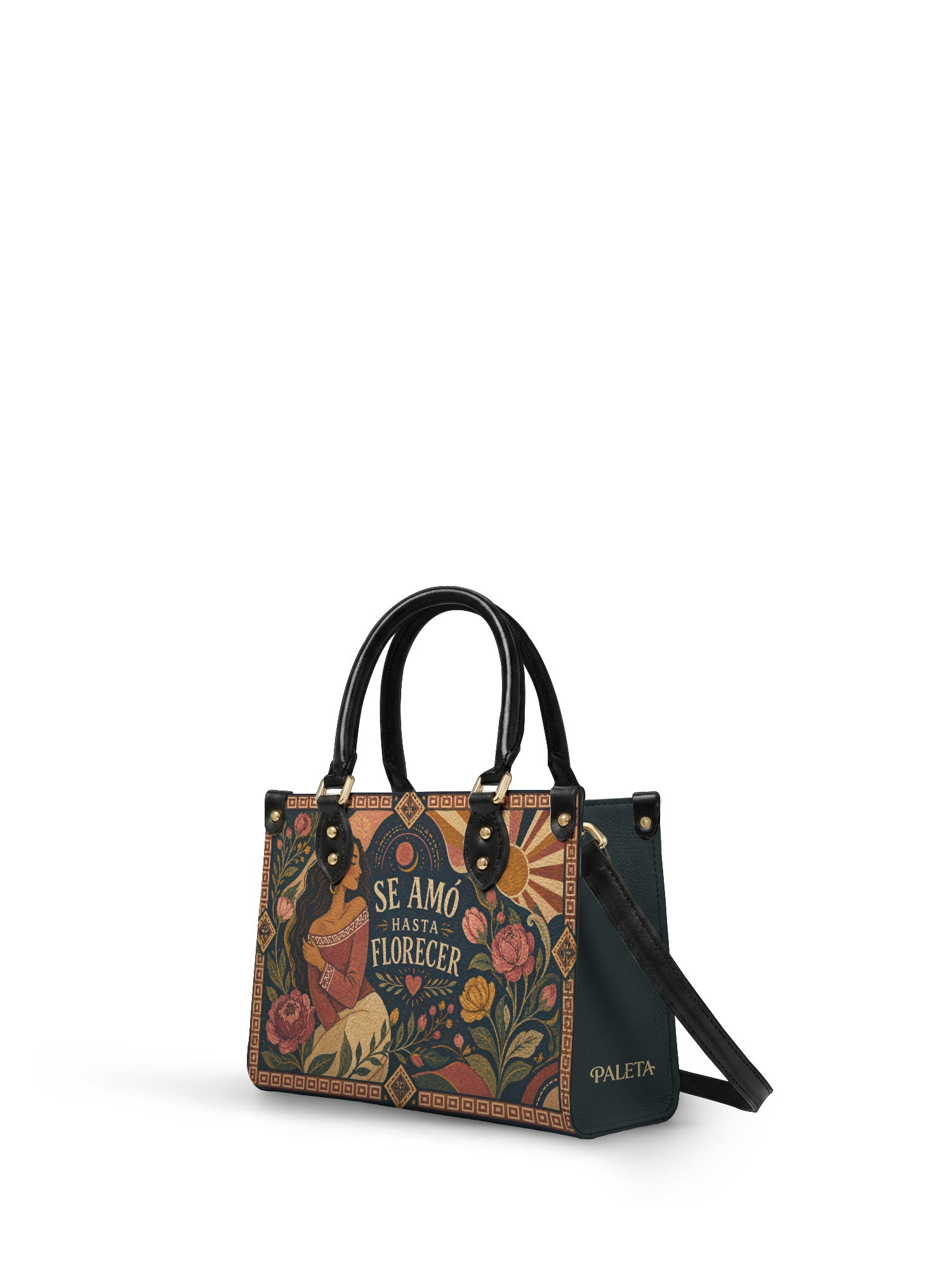 "Se amó hasta florecer" ver.1 Small Leather Handbag - side view | Paleta Bags