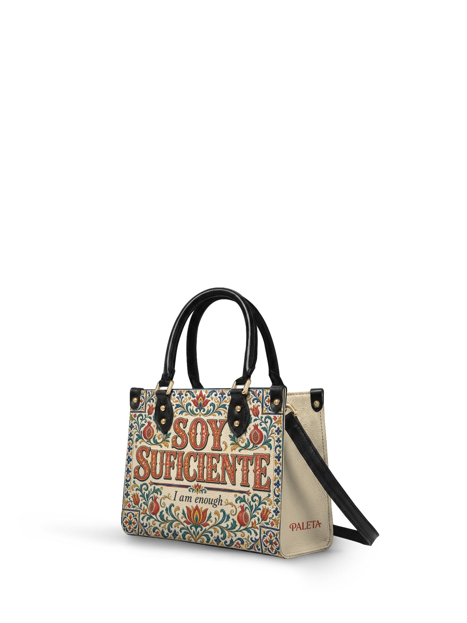 "Soy suficiente, tal y como soy" ver.1 Small Leather Handbag - side view | Paleta Bags