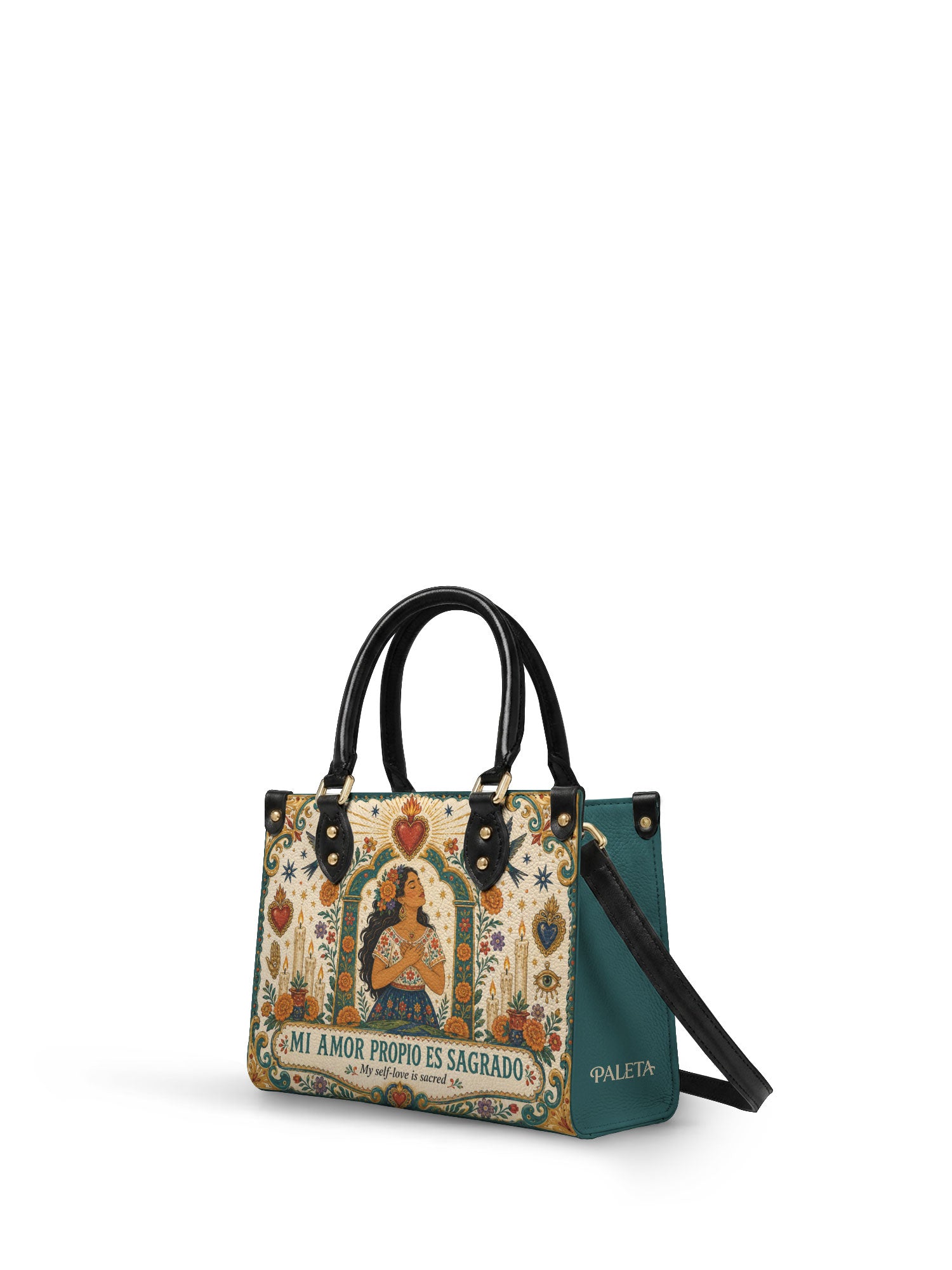 "Mi amor propio es sagrado" ver.1 Small Leather Handbag - side view | Paleta Bags
