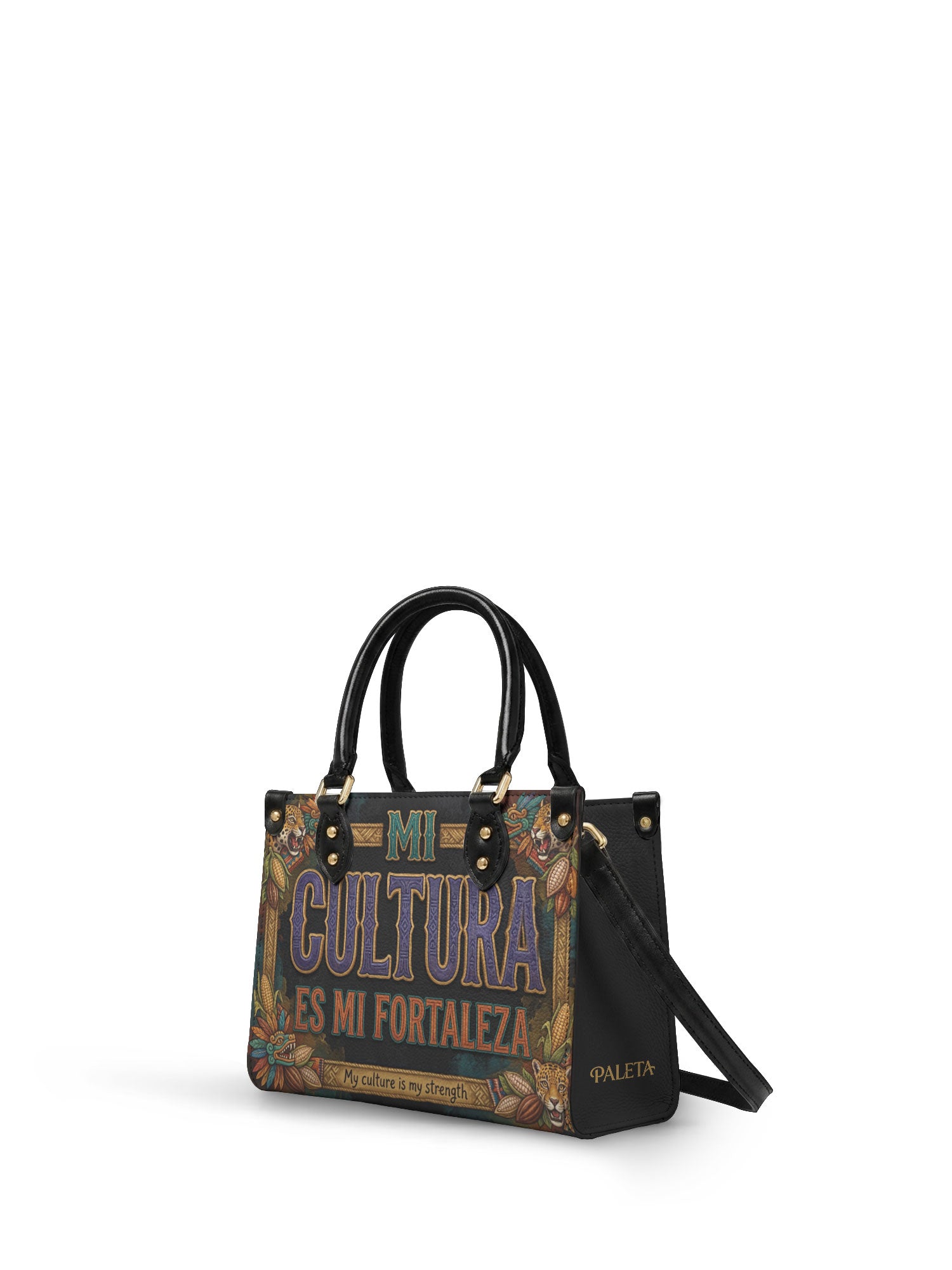 "Mi cultura es mi fortaleza" ver.3 Small Leather Handbag - side view | Paleta Bags