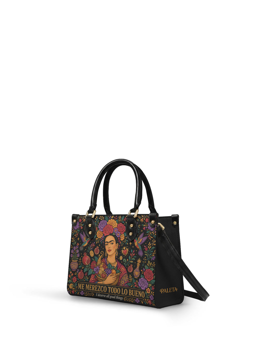 "Me merezco todo lo bueno" ver.1 Small Leather Handbag - side view | Paleta Bags