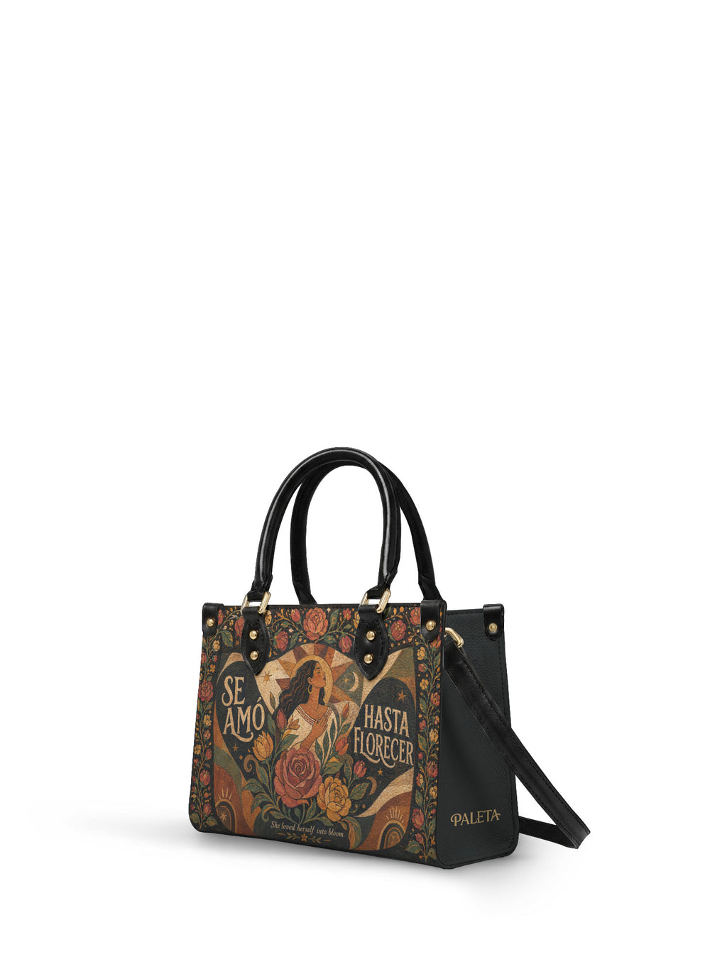 "Se amó hasta florecer" ver.2 Small Leather Handbag - side view | Paleta Bags