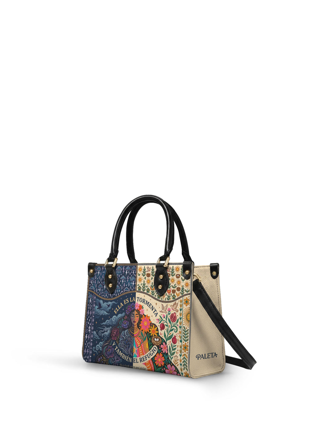 "Ella es la tormenta y también el refugio" ver.1 Small Leather Handbag - side view | Paleta Bags