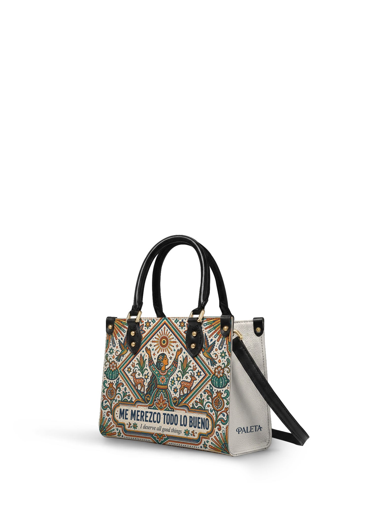 "Me merezco todo lo bueno" ver.5 Small Leather Handbag - side view | Paleta Bags