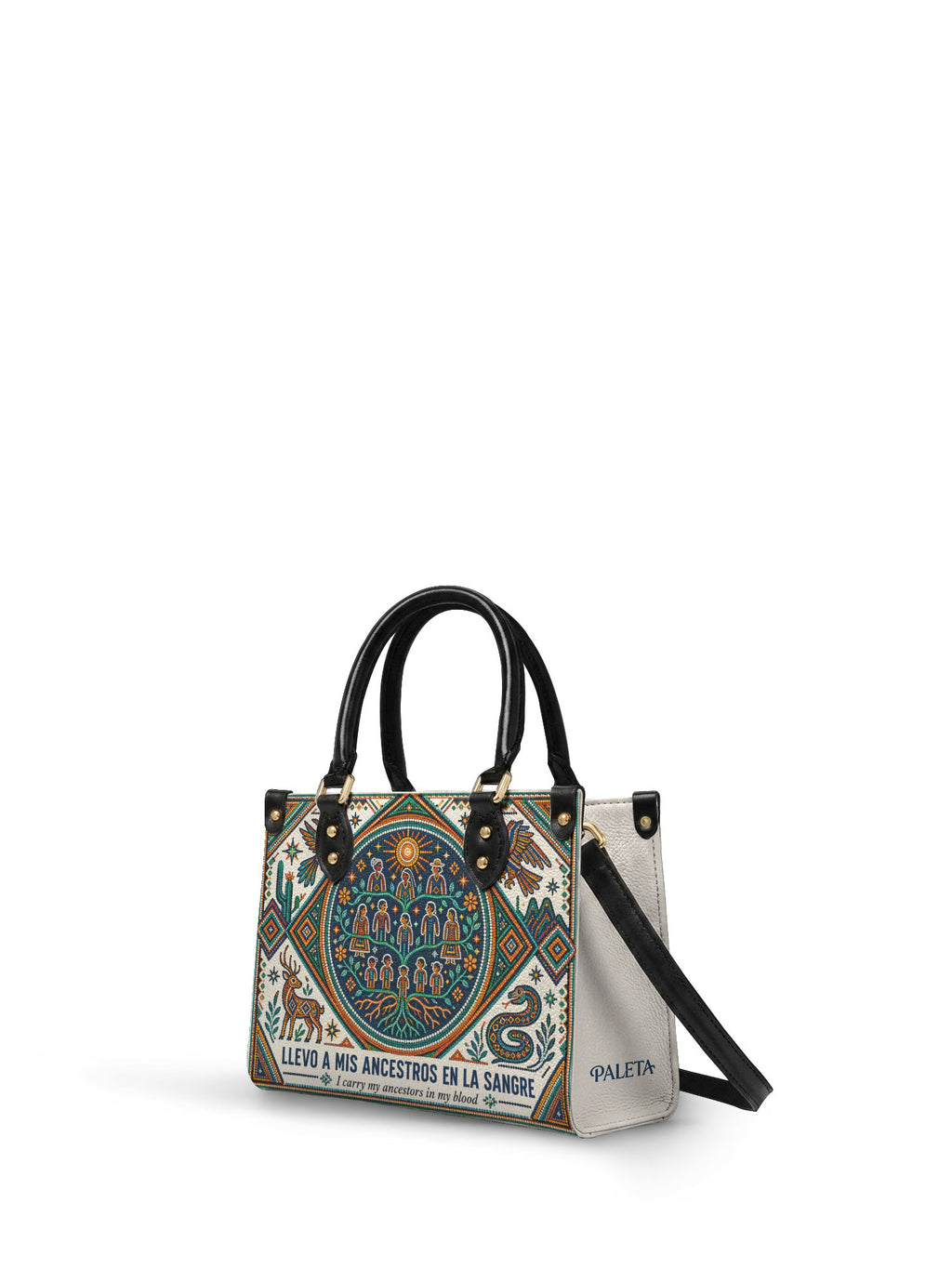 "Llevo a mis ancestros en la sangre" ver.4 Small Leather Handbag - side view | Paleta Bags