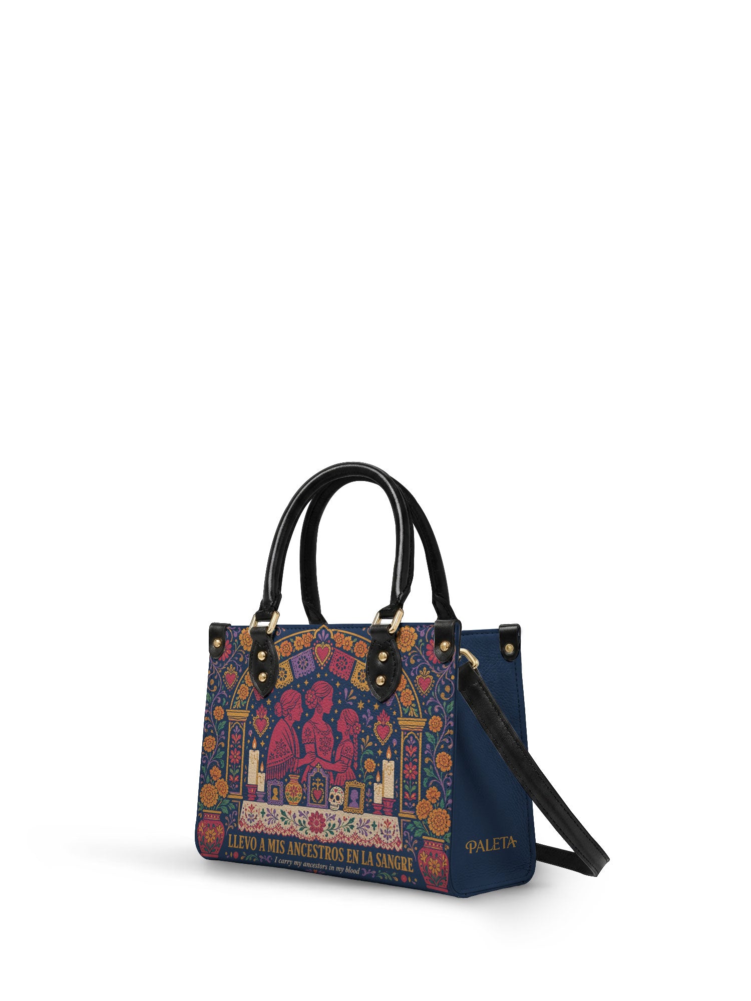 "Llevo a mis ancestros en la sangre" ver.1 Small Leather Handbag - side view | Paleta Bags
