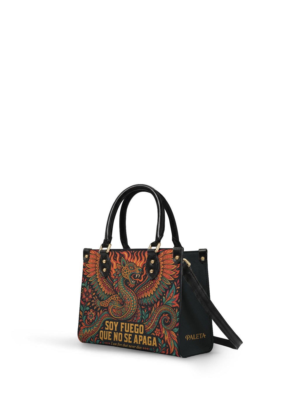 "Soy fuego que no se apaga" ver.1 Small Leather Handbag - side view | Paleta Bags