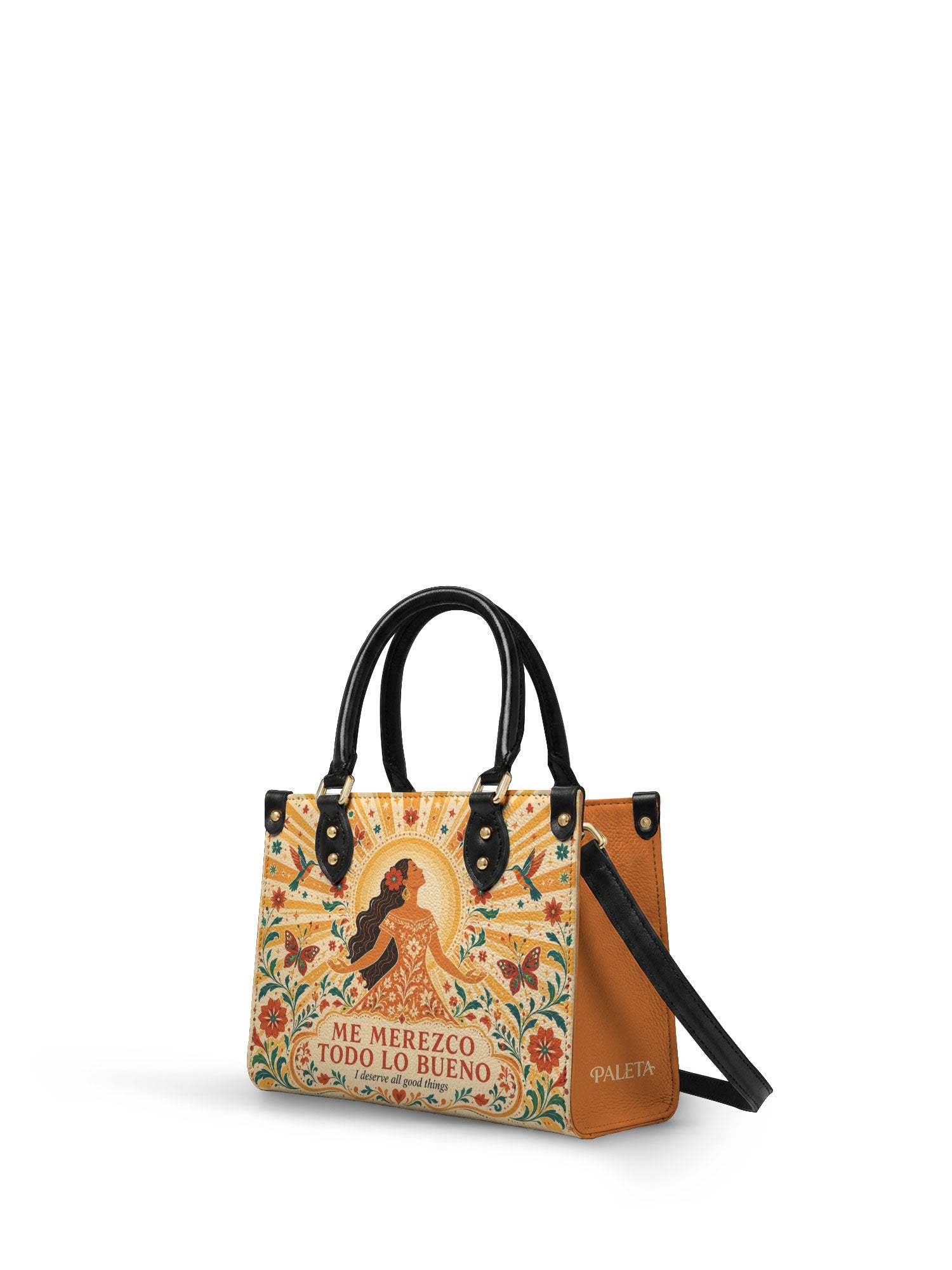 "Me merezco todo lo bueno" ver.4 Small Leather Handbag - side view | Paleta Bags