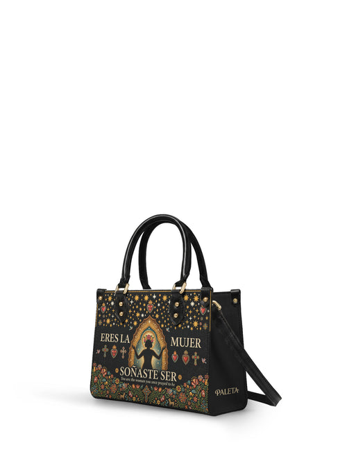 "Eres la mujer que alguna vez soñaste ser" ver.2 Small Leather Handbag - side view | Paleta Bags