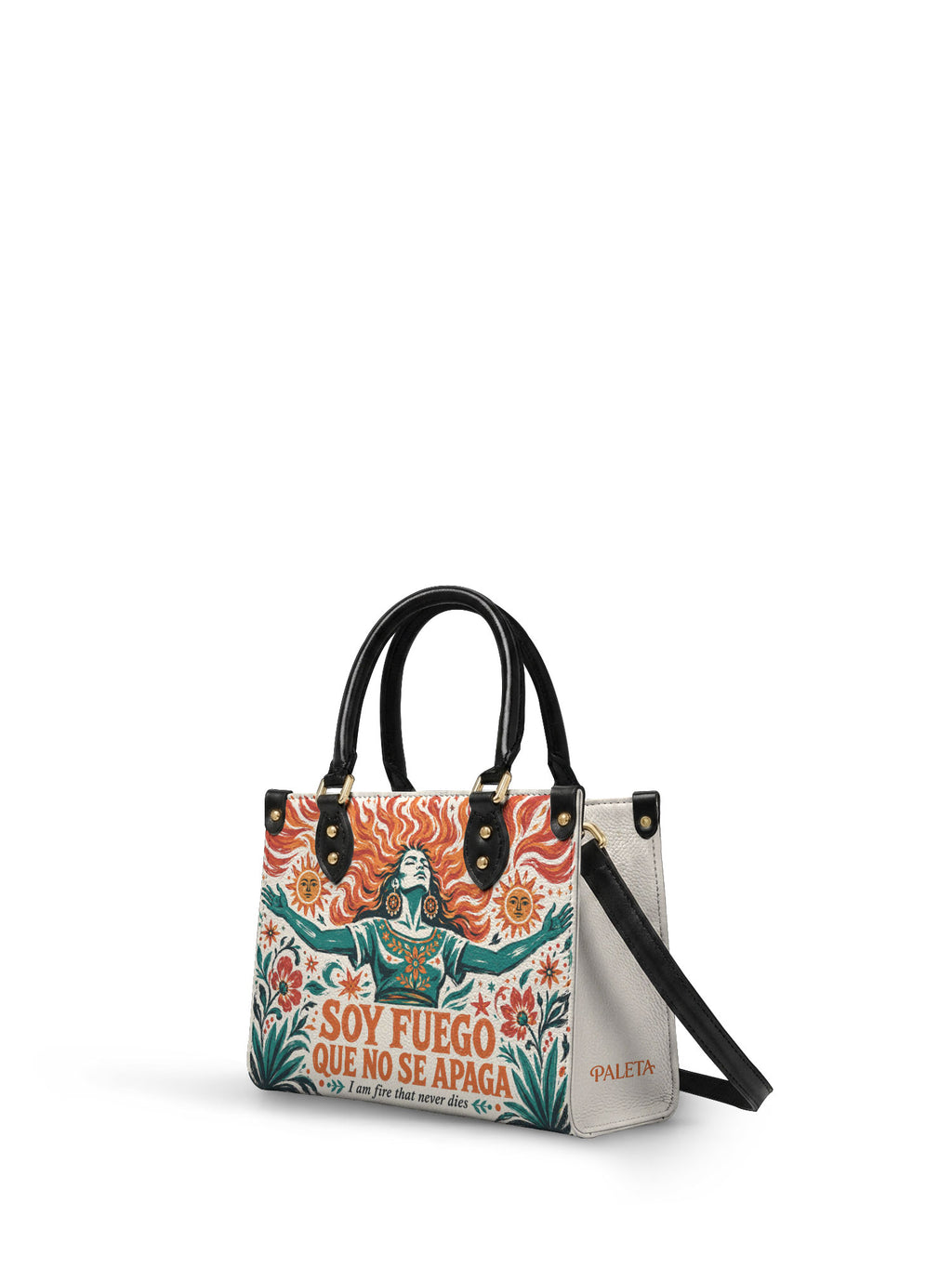 "Soy fuego que no se apaga" ver.4 Small Leather Handbag - side view | Paleta Bags