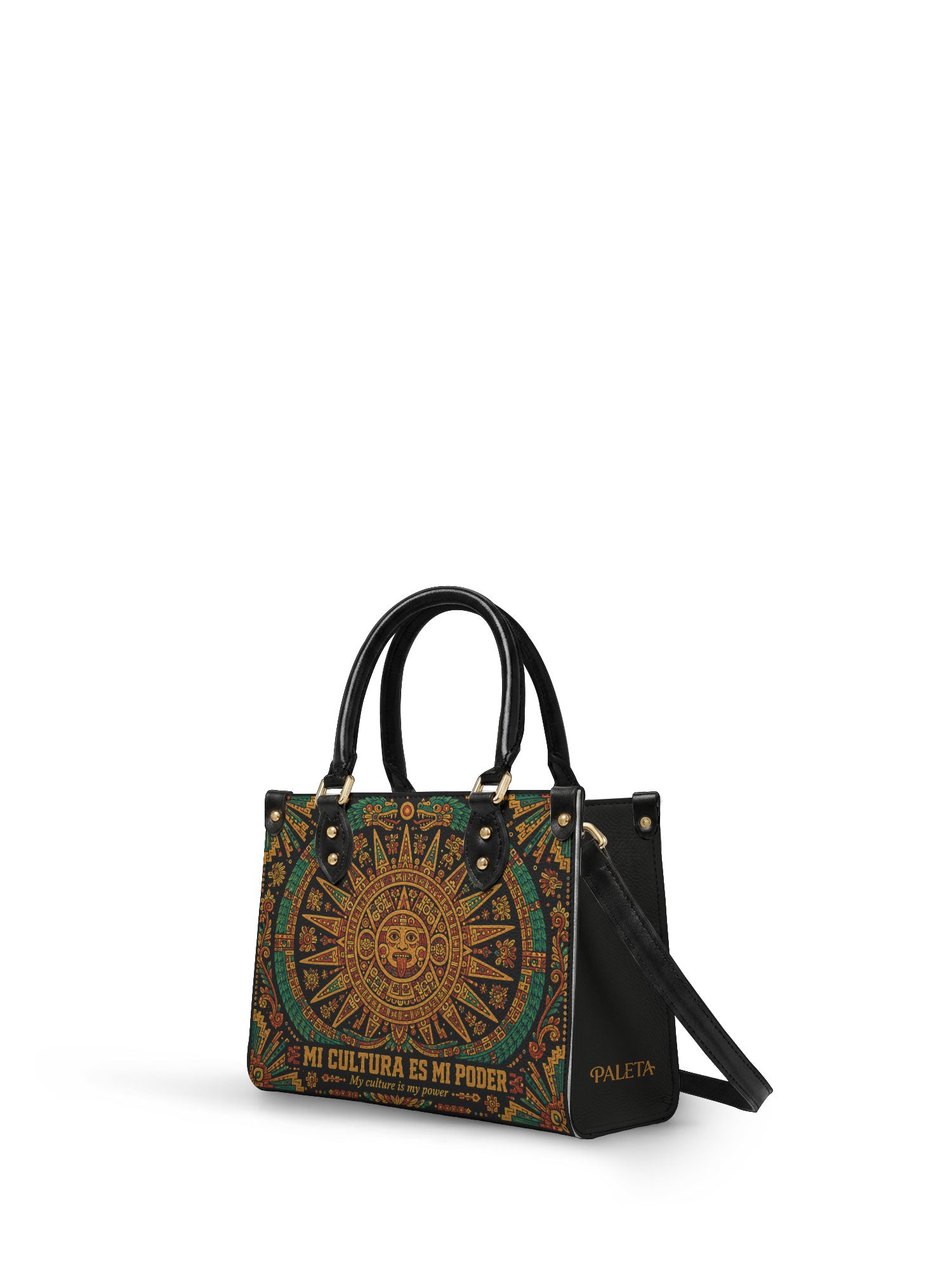 "Mi cultura es mi poder" ver.1 Small Leather Handbag - side view | Paleta Bags