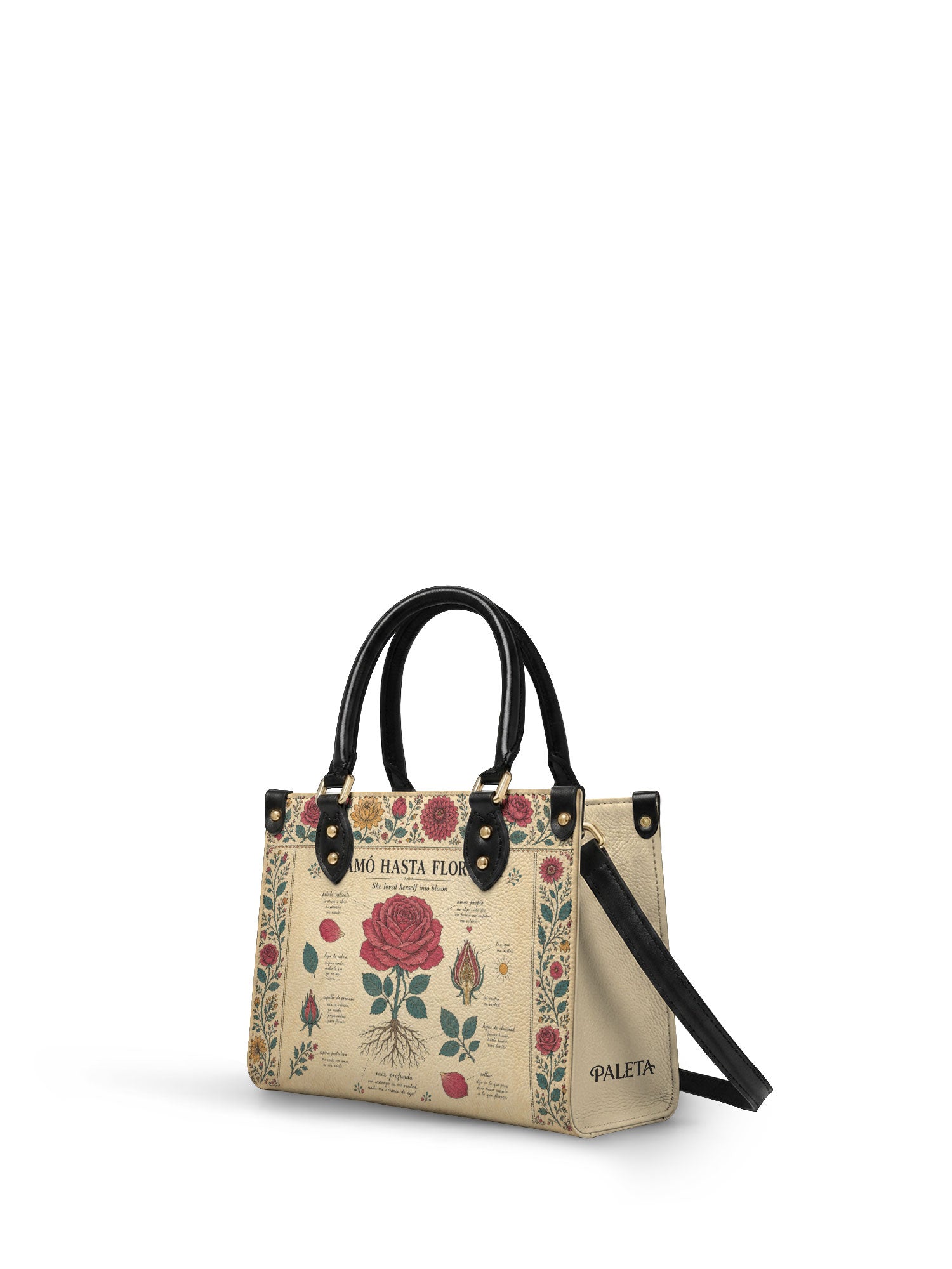 "Se amó hasta florecer" ver.5 Small Leather Handbag - side view | Paleta Bags