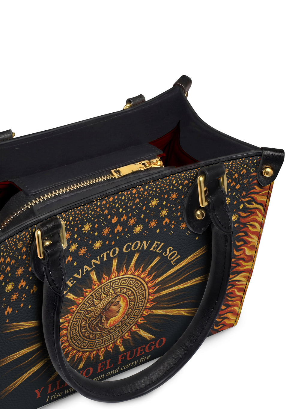 "Me levanto con el sol y llevo el fuego" ver.2 Small Leather Handbag - detail | Paleta Bags