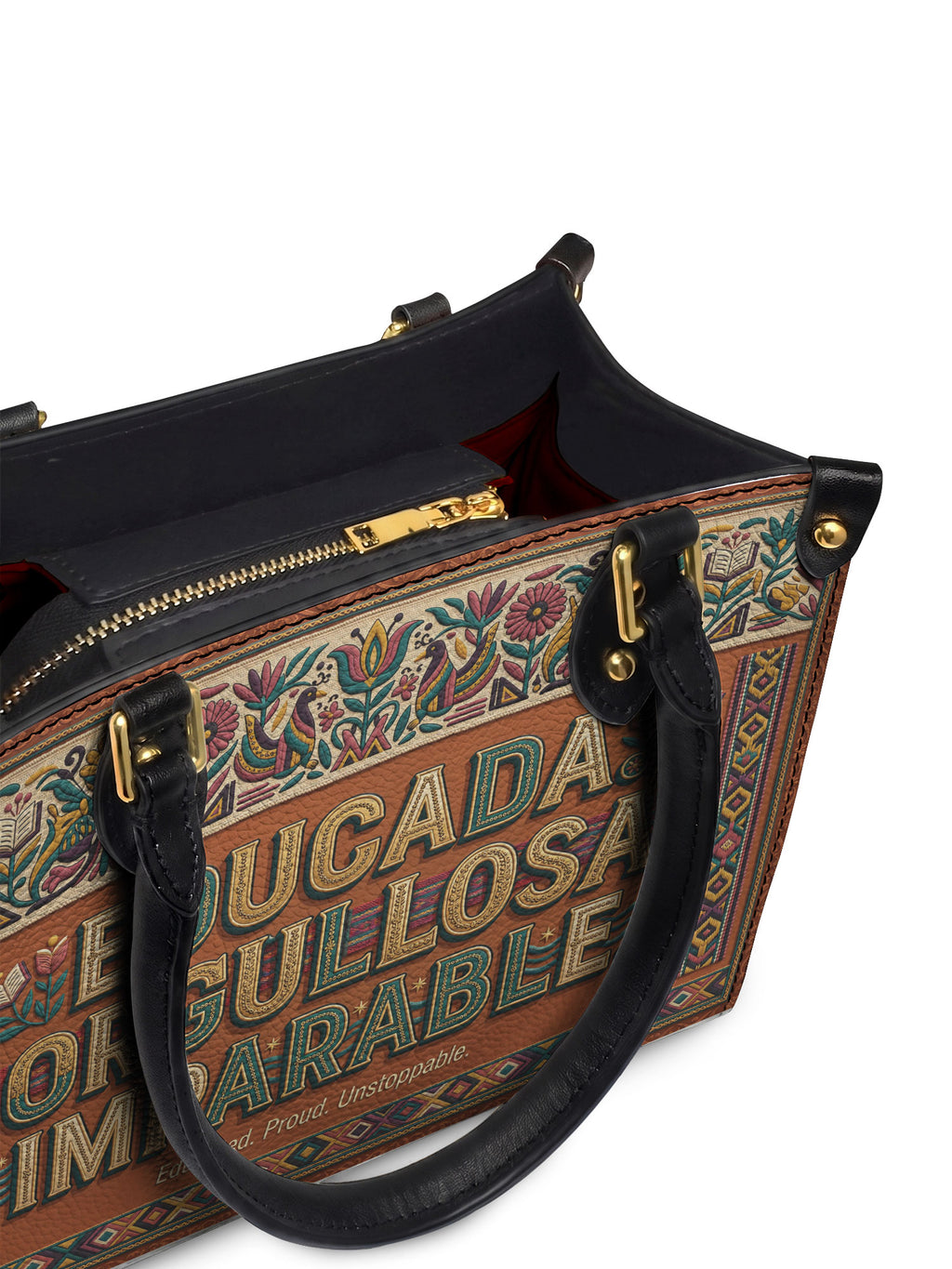 "Educada. Orgullosa. Imparable" ver.3 Small Leather Handbag - detail | Paleta Bags