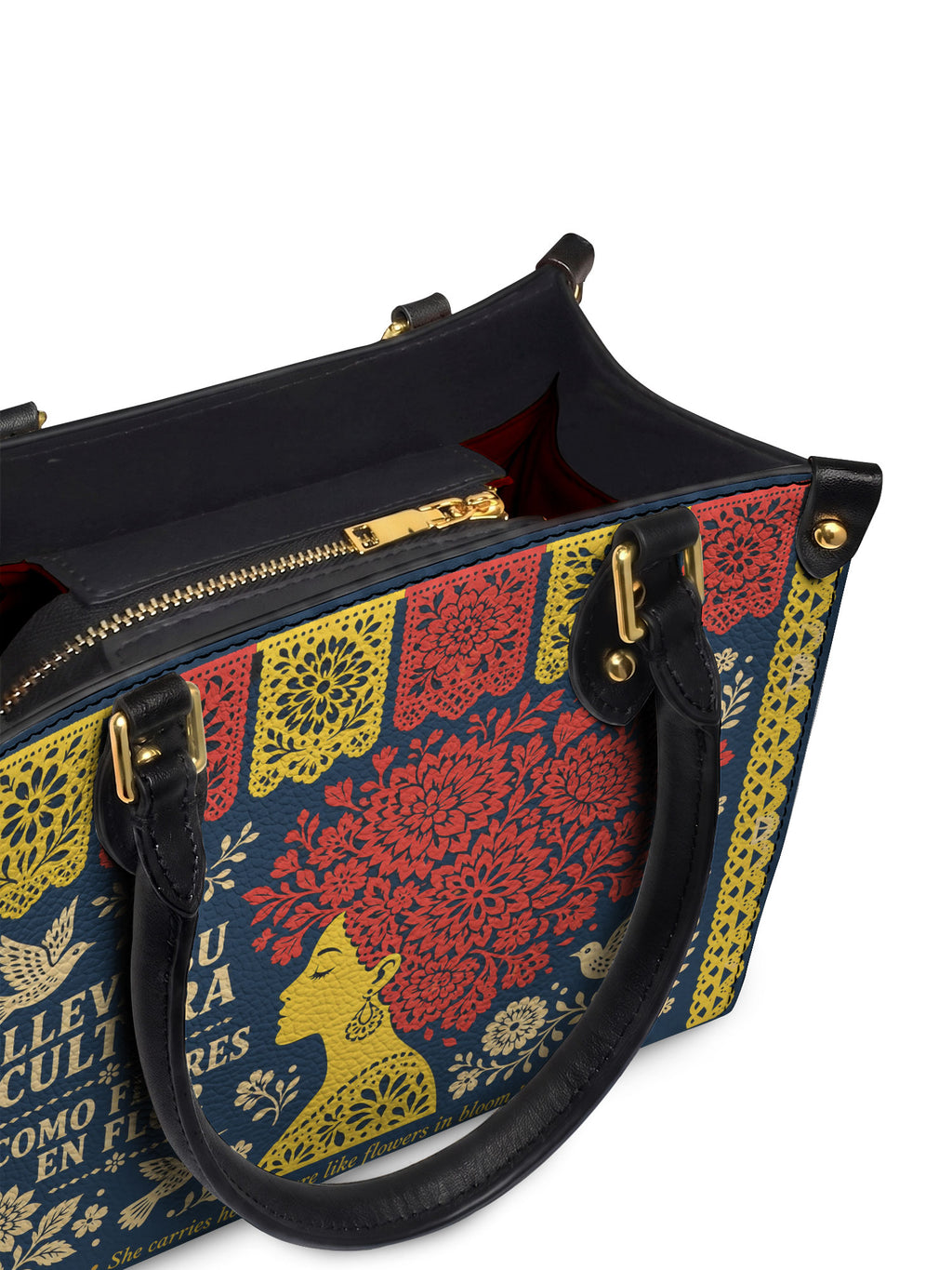 "Lleva su cultura como flores en flor" ver.2 Small Leather Handbag - detail | Paleta Bags