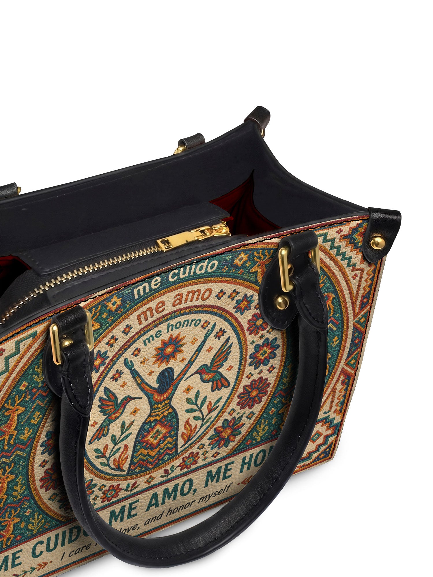 "Me cuido, me amo, me honro" ver.1 Small Leather Handbag - detail | Paleta Bags
