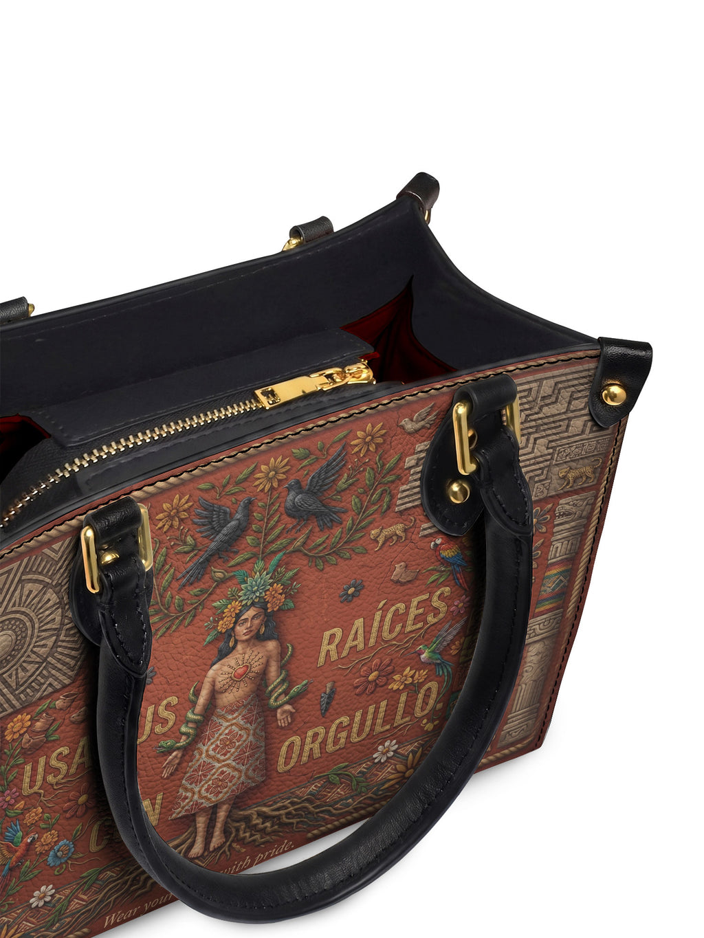 "Usa tus raíces con orgullo" ver.1 Small Leather Handbag - detail | Paleta Bags