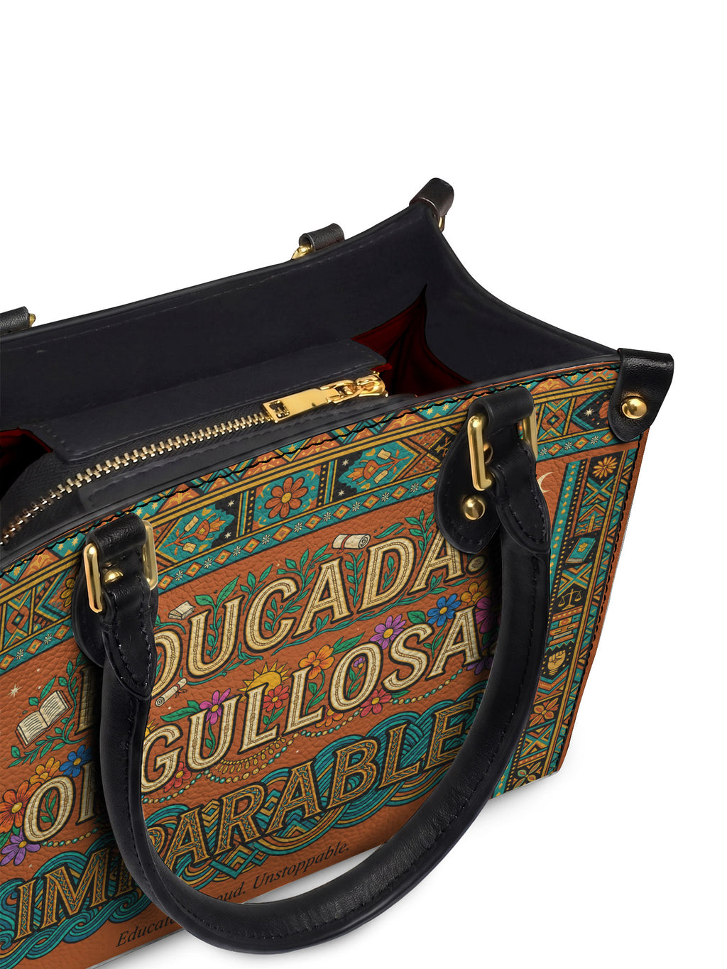 "Educada. Orgullosa. Imparable" ver.1 Small Leather Handbag - detail | Paleta Bags