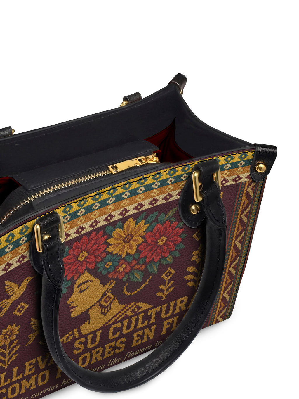 "Lleva su cultura como flores en flor" ver.4 Small Leather Handbag - detail | Paleta Bags