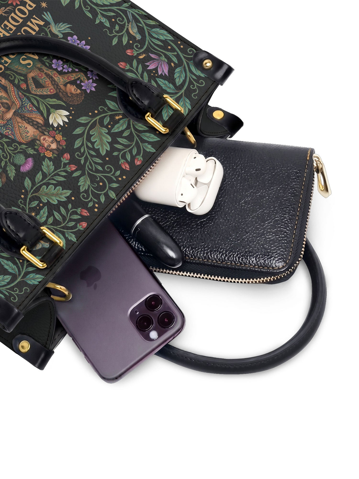 "Las mujeres poderosas crecen en jardines salvajes" ver.1 Small Leather Handbag - interior | Paleta Bags