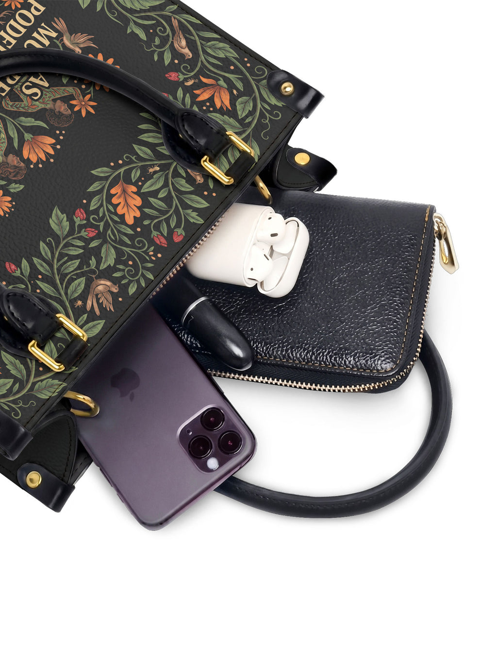 "Las mujeres poderosas crecen en jardines salvajes" ver.2 Small Leather Handbag - interior | Paleta Bags