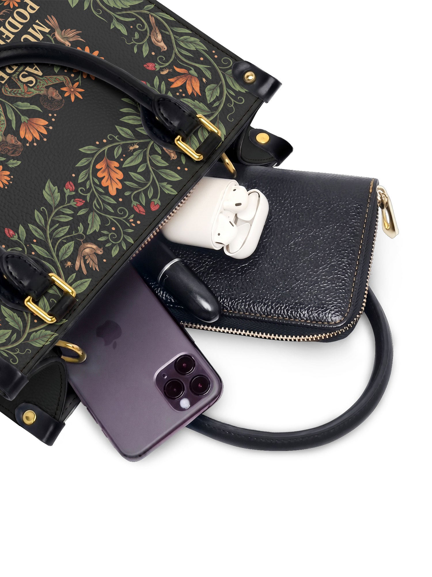 "Las mujeres poderosas crecen en jardines salvajes" ver.2 Small Leather Handbag - interior | Paleta Bags