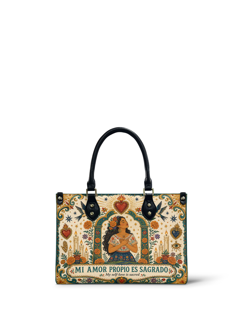 "Mi amor propio es sagrado" ver.1 Small Leather Handbag