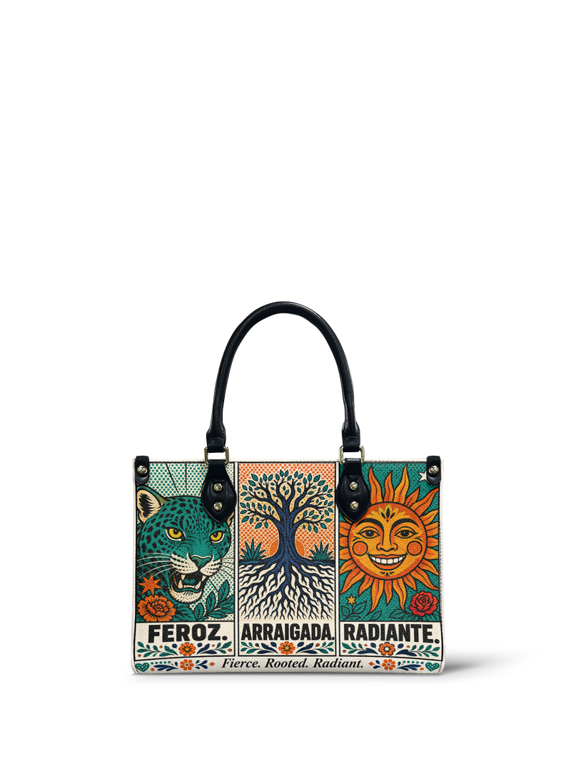 "Feroz. Arraigada. Radiante" ver.3 Small Leather Handbag