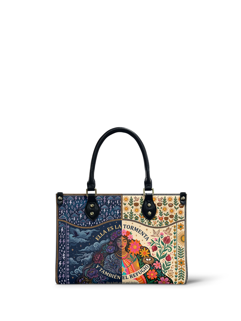 "Ella es la tormenta y también el refugio" ver.1 Small Leather Handbag