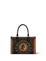 "Me levanto con el sol y llevo el fuego" ver.1 Small Leather Handbag