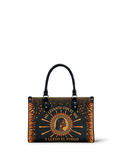 "Me levanto con el sol y llevo el fuego" ver.1 Small Leather Handbag