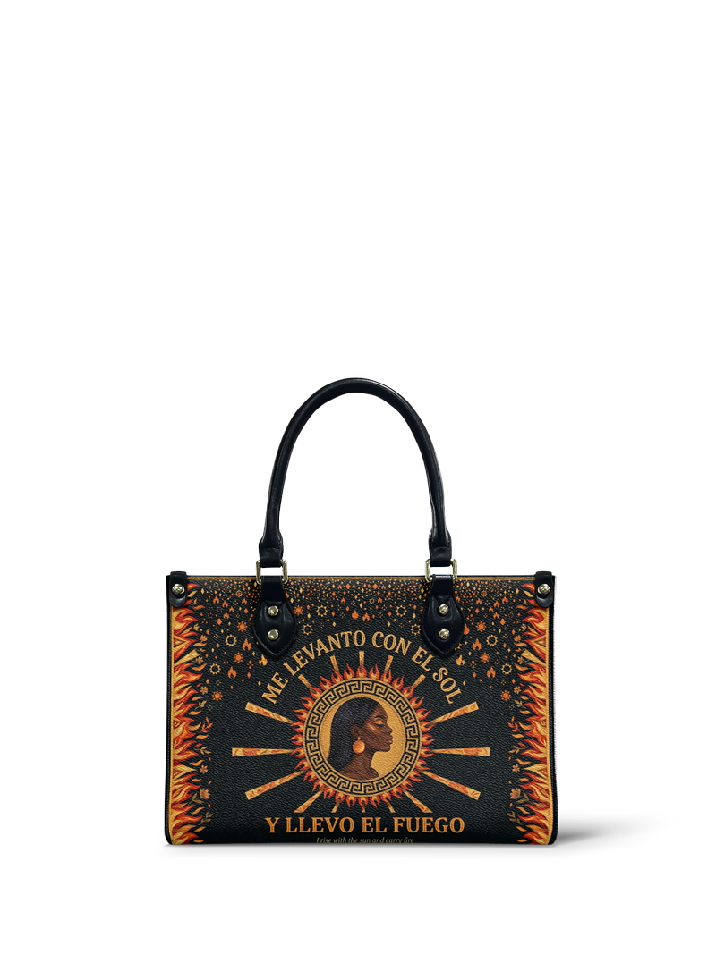 "Me levanto con el sol y llevo el fuego" ver.1 Small Leather Handbag