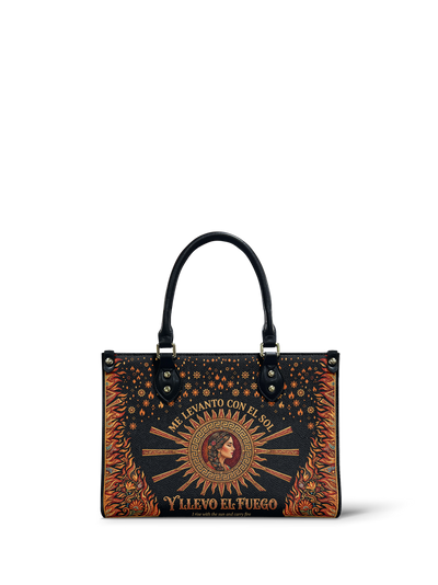 "Me levanto con el sol y llevo el fuego" ver.3 Small Leather Handbag