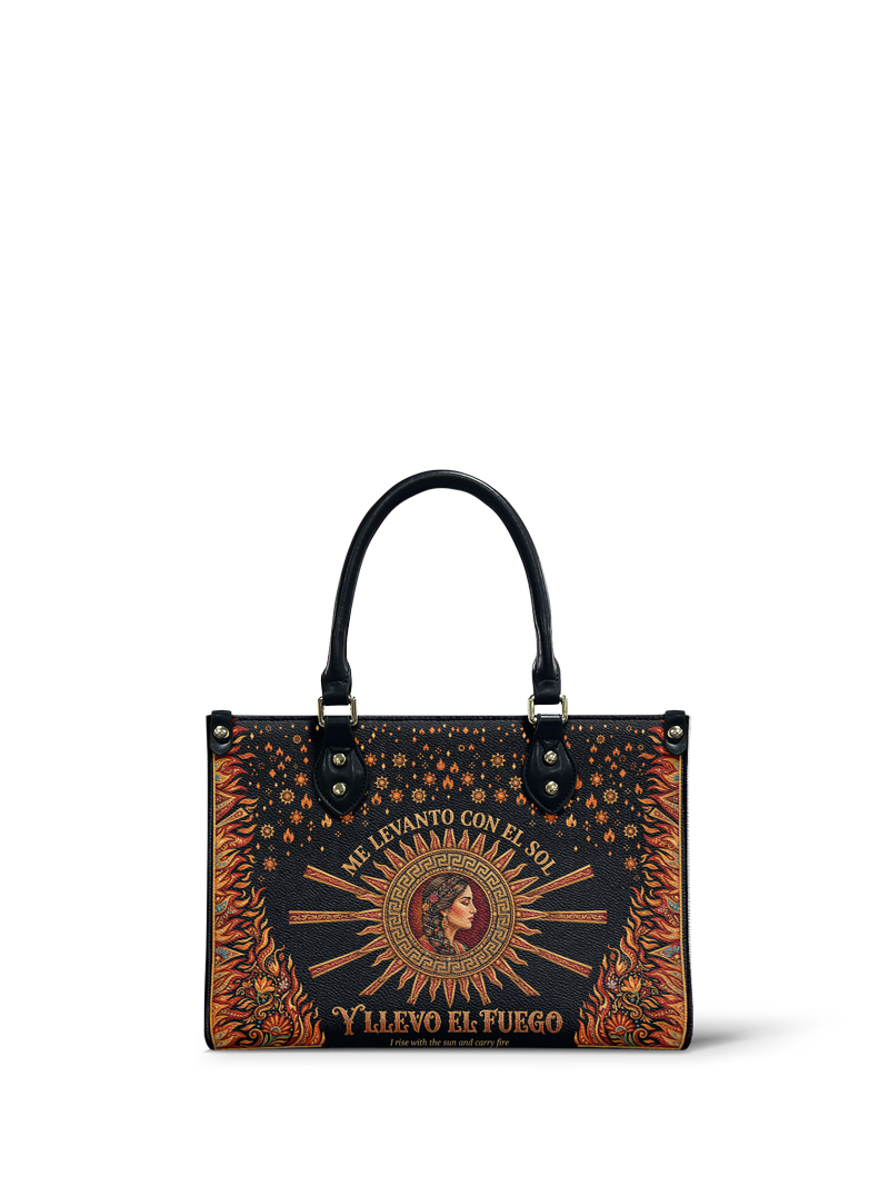 "Me levanto con el sol y llevo el fuego" ver.3 Small Leather Handbag
