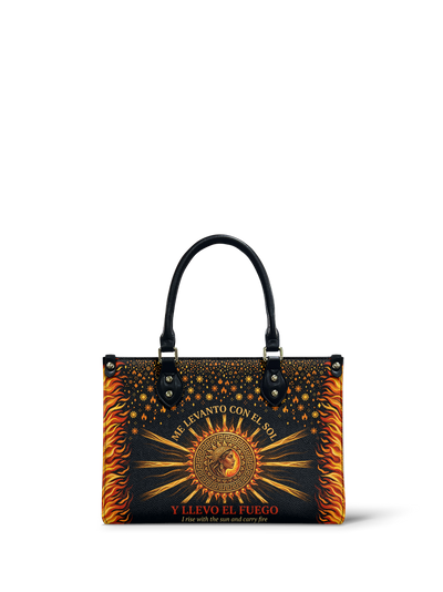 "Me levanto con el sol y llevo el fuego" ver.2 Small Leather Handbag