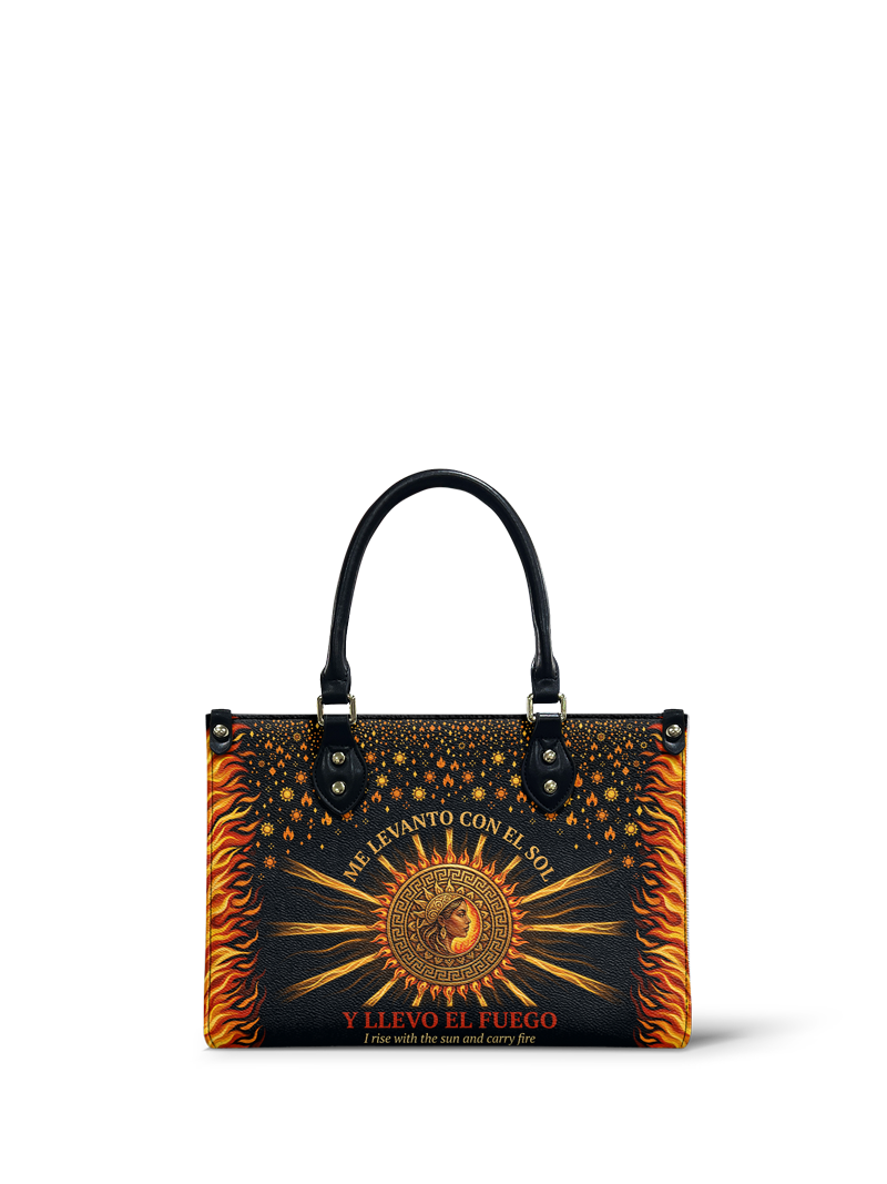 "Me levanto con el sol y llevo el fuego" ver.2 Small Leather Handbag