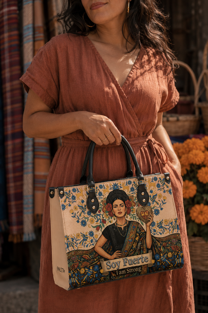 Cream handbag with blue and red Otomi embroidery birds and flowers, woman holding a gilded flaming heart, Soy Fuerte banner